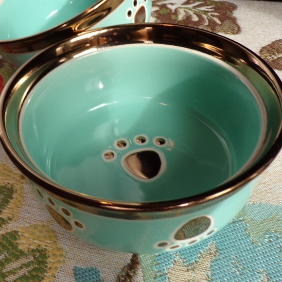 NEW Cute! Ceramic Blue & Bronze Trim Color Dog or Cat Pet Food Water Dish Bowl - Picture 5 of 5